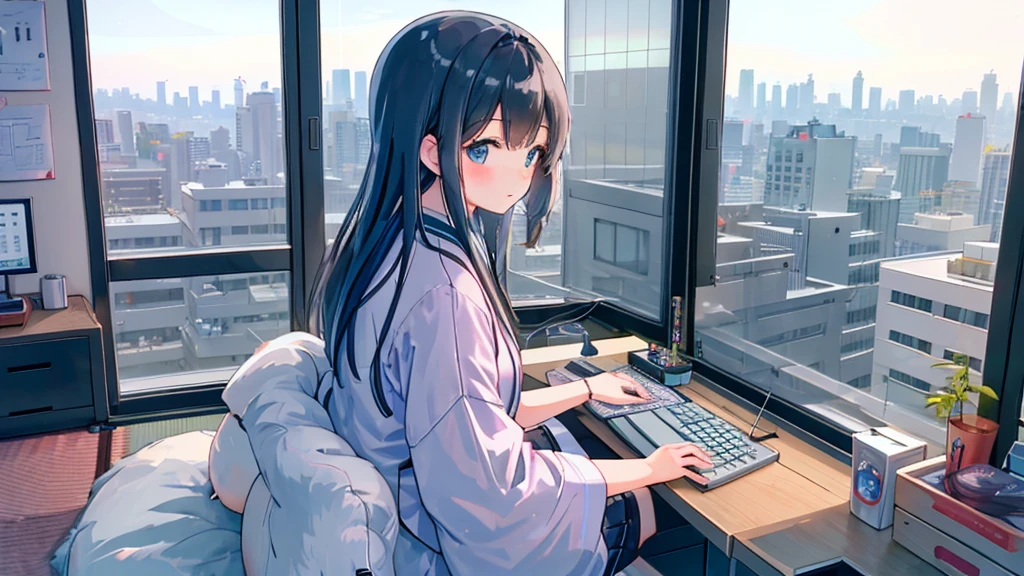 A cute Japanese woman in her twenties sitting by the window working on her computer. Outside the window is the city at night. The room is occupied by an office worker living alone in the 2025 era. She is dressed in her room clothes from the 2022 era. She is looking at a computer screen. There is a display and a keyboard, and she is typing on the keyboard. Horizontal screen size.