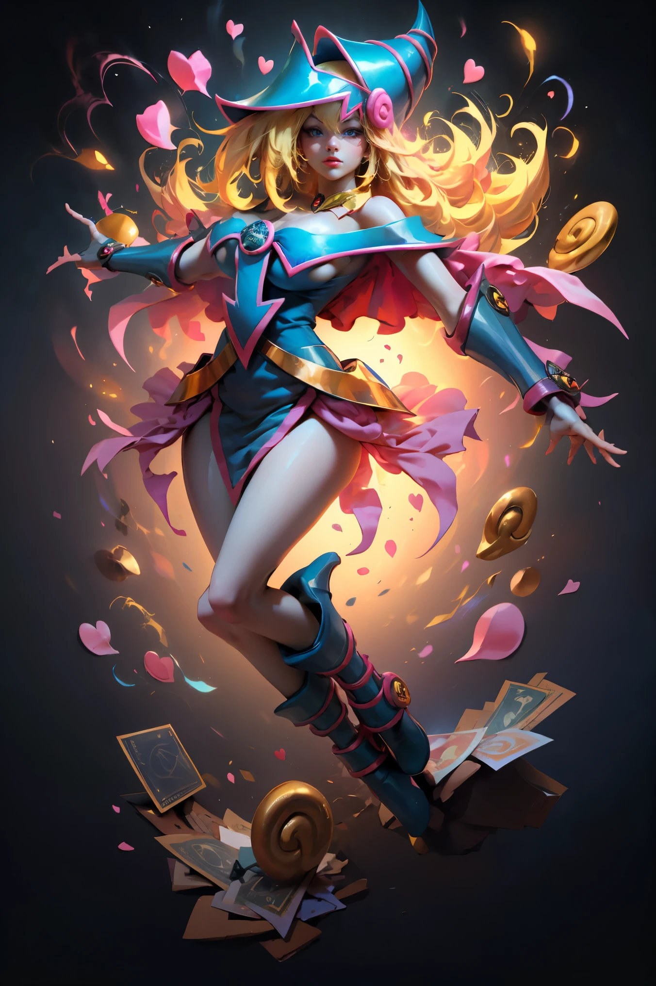 (Masterpiece:1.2), (The best quality:1.2), perfect lighting, Dark Magician Girl casting a spell, blue eyes. Red lips. Long blonde hair. floating in the air, big tits, neckline, magic background. Transparent hearts in the environment, From above, sparkles, Yugioh Card in the background. In heels . She wears heels.