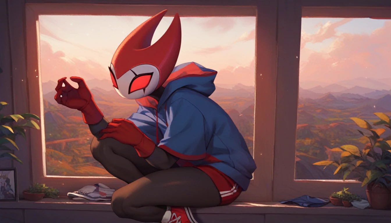 score_9, score_8_up, score_7_up, score_6_up, zPDXL2, grimm \(hollow knight\), vampire, bat, 1boy, solo, cute face, detailed eyes, anthro, near the window, landscape, highlight thighs, red sports gloves, sneakers, profile picture, blue hooded sweatshirt, cool pose