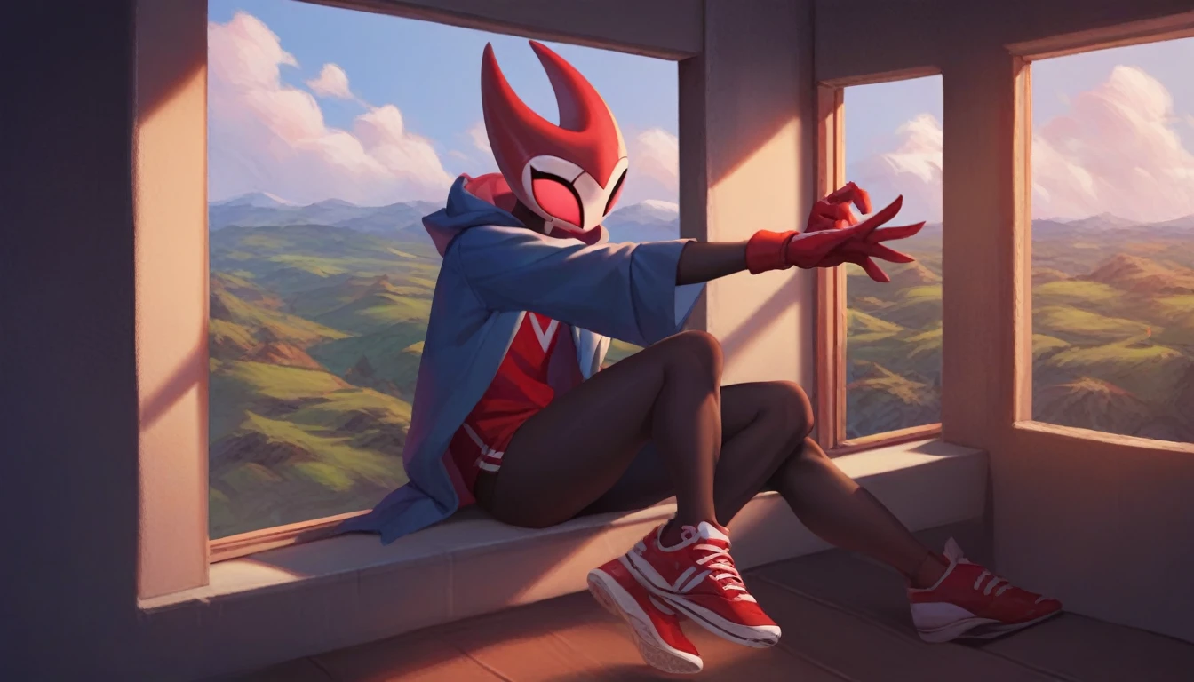 score_9, score_8_up, score_7_up, score_6_up, zPDXL2, grimm \(hollow knight\), vampire, bat, 1boy, solo, cute face, detailed eyes, anthro, near the window, landscape, highlight thighs, red sports gloves, sneakers, profile picture, blue hooded sweatshirt, cool pose