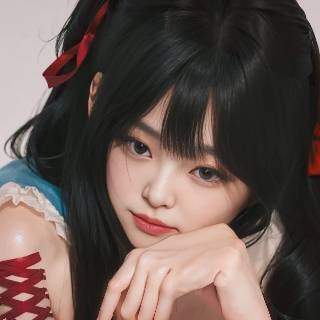 There is a woman with long black hair and a red bow, detailed portrait of anime girl, realistic 3d anime style, artwork in the style of guweiz, young realistic anime, photorealistic anime, anime realism style, hyper realistic anime, photorealistic anime girl render, Awesome anime face portrait, realistic 3d anime, Guweiz, realistic anime art style, Jennie Kim