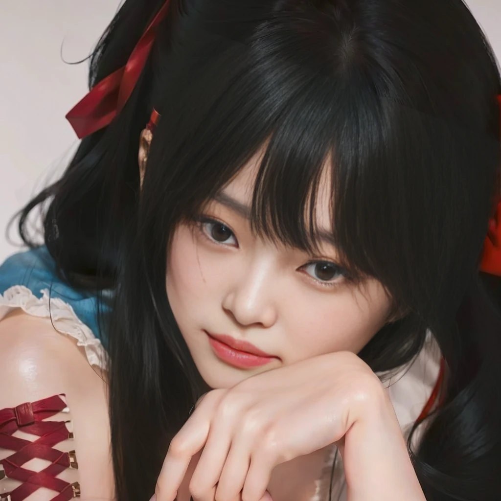 There is a woman with long black hair and a red bow, detailed portrait of anime girl, realistic 3d anime style, artwork in the style of guweiz, young realistic anime, photorealistic anime, anime realism style, hyper realistic anime, photorealistic anime girl render, Awesome anime face portrait, realistic 3d anime, Guweiz, realistic anime art style, Jennie Kim