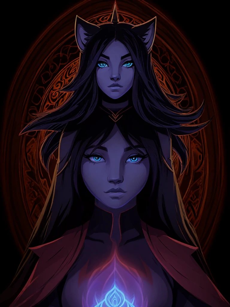 A closeup of a cartoon character with long hair, dark fox wizard, pira, Aura of darkness, painted in the arcane style, arcane art style, just kidding, full portrait of elementalist, /!\ the sorceress, Glowing black aura, dark sorceress full view, evil aura, sorceress, britney lee