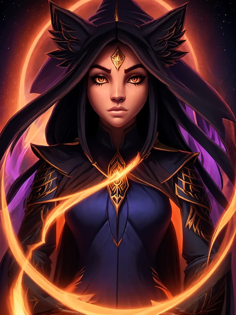 A closeup of a cartoon character with long hair, dark fox wizard, pira, Aura of darkness, painted in the arcane style, arcane art style, just kidding, full portrait of elementalist, /!\ the sorceress, Glowing black aura, dark sorceress full view, evil aura, sorceress, britney lee