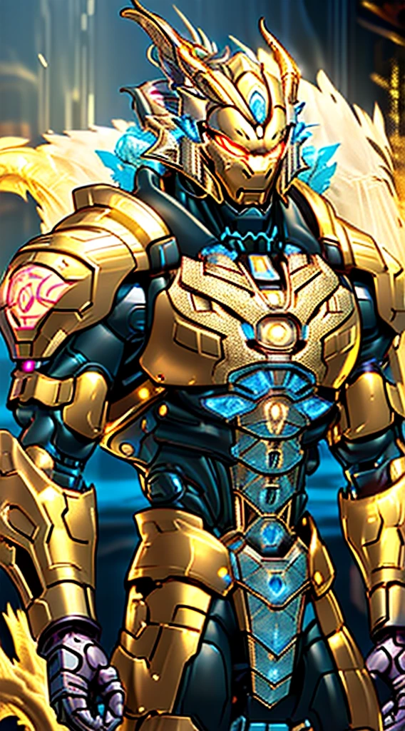Golden Dragon - the futuristic biomechanical android, beautiful natural soft light, rim light, gold fractal details, metallic fine lace, muscular, mandelbot fractal anatomical, diamond, facial muscles, elegant, ultra detailed,