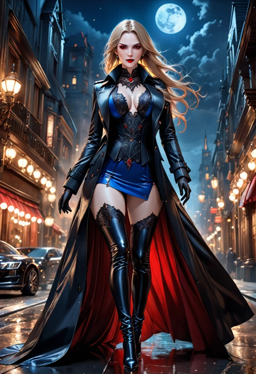 fantasy art, modern and gothic art, (masterpiece:1.5), full body best details, highly detailed, best quality,  highres, full body portrait of a female vampire (Masterpiece, best quality: 1.6), ultra feminine, with a long curvy hair, blond hair, (red:1.3) eyes, ((beautiful delicate face)), Ultra Detailed Face (wearing elegant glamour open black trench coat: 1.5) , (flowing black trench coat: 1.5), wearing an intricate (blue suit: 1.2)  (intricate details, Masterpiece, best quality: 1.3), high heeled boots, urban background (intense details, beat details), fantasy, at night light, natural ,moon light, clouds, gothic atmosphere, soft light, ((anatomically correct)), high details, best quality, 16k, [ultra detailed], masterpiece, best quality, (extremely detailed), dynamic angle, drkfntasy