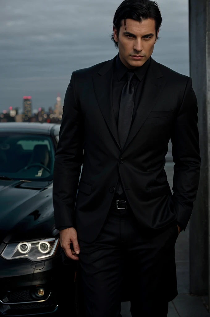 Un homme au regard tenebreux, black hair, muscular and dressed in luxurious black suit. In the background is a big city and a luxury car.
Realistic and very realistic details