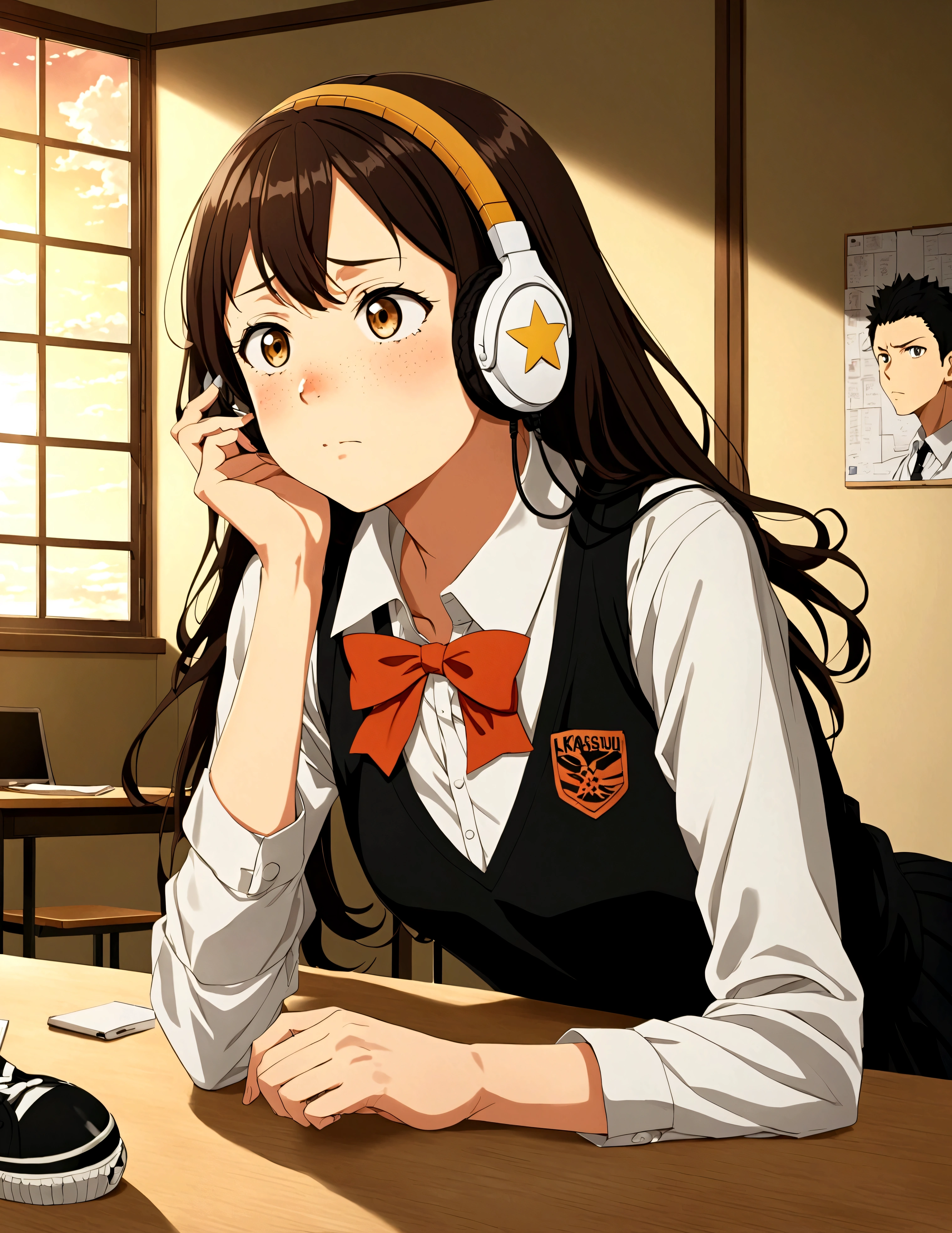 Haikyuu anime screenshot, 16 year old girl, long hair below the shoulders, wavy tips, dark brown hair, Her hair is down and she has a yellow star barrette in her hair., big, slanted eyes, light brown eyes, long and beautiful eyelashes, He has freckles on his cheeks and also a blush, sleepy and tired expression, He is wearing the karasuno , He is wearing a white formal shirt with a red bow on the collar, short black pleated skirt, long thigh high stockings, He is wearing black converse-type sneakers., He has white Bluetooth headphones on his head with star stickers., she is lying on her desk, is in an empty room, the benches around him are empty, She is falling asleep leaning on her desk., lighting of a sunset, normal angle, Complete plan.
