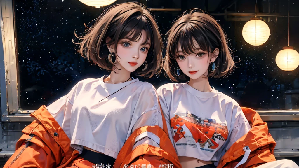 masterpiece, best quality, Sit by the window,, Look at the stars, head stuck to glass, landscape passing by at high speed, night travel, Beautiful starry sky, a beautiful girl with, bob cut,Bangs ,Top of crop, Short sleeve, crop top, breast, Ultra HD Portraits, (high quality) (Super detailed) Looking at the audience dressed in hip-hop style streetwear; different, Colorful, Wide-angle lens, perfect anatomy:1.5, 16:Scale 9