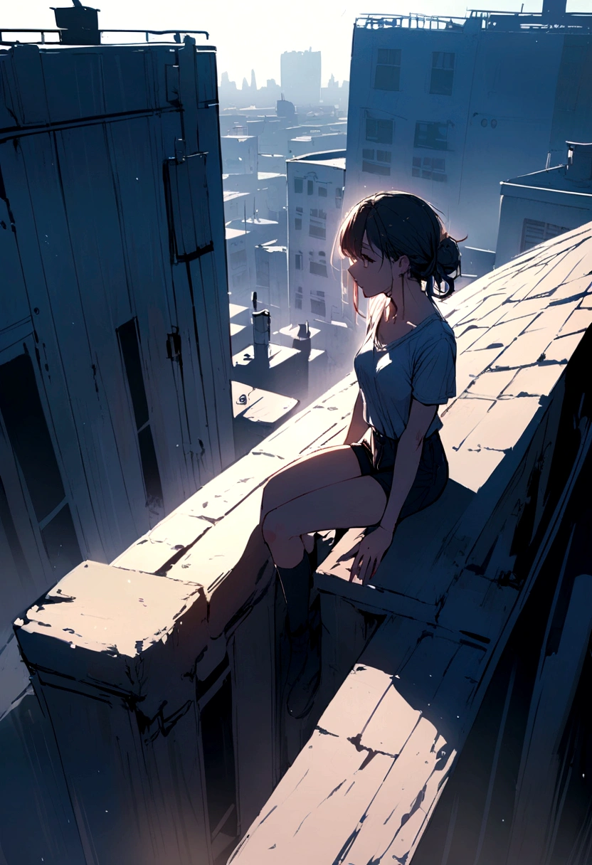 Woman in short clothes sitting on the edge of a building 