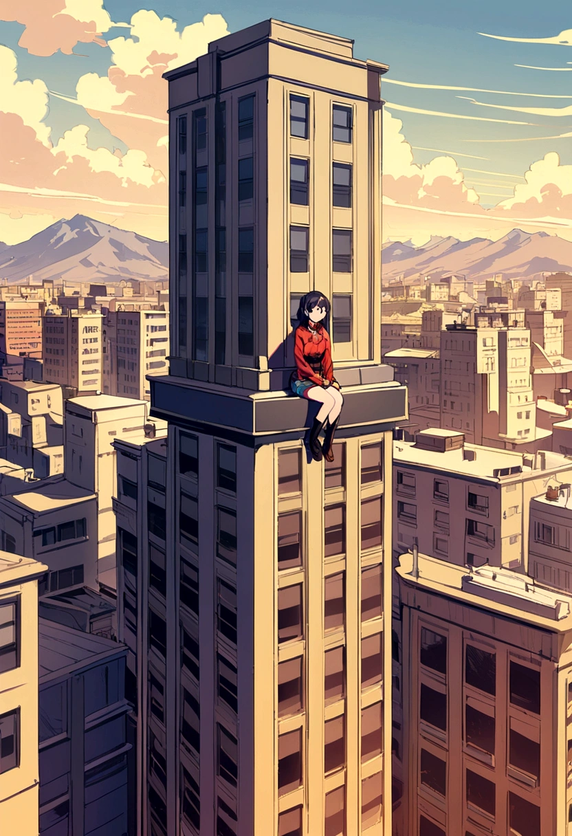 Woman in short clothes sitting on the edge of a building