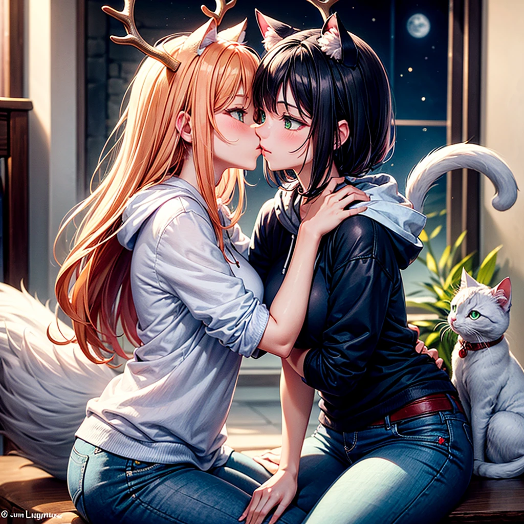 A goddess with her wife.
Astraphelina: A tall goddess with orange hair, green eyes, dark blue antlers, dark blue deer tail, dark blue broken wings. Wears greek goddess clothing.
Lunarlight: Short goddess with brown hair, silver eyes, white cat tail and white cat ears on head. Wears oversized hoody and jeans.
They share a passionate love for one another through a soft kiss.