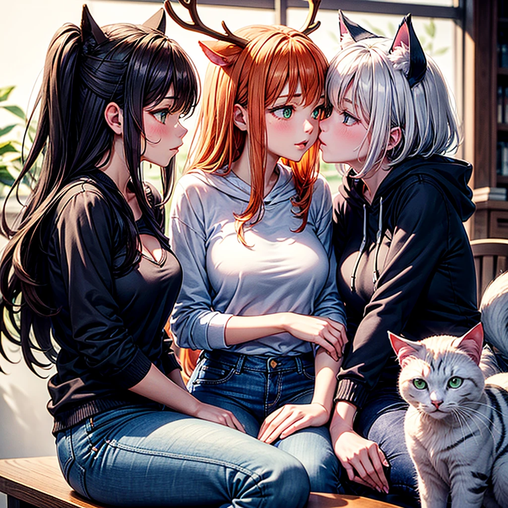 (masterpiece:1.2, best quality), age difference, 3girls, 19yo, , 18yo, , , (small breast:1.5), green eyes, long hair, (big white fox ears), ginger hair, (big ginger fox earlack hair, (big black fox ears), (white transparent nightgown:), (black transparent nightgown:), (red transparent nightgown:1.4) ), (topless:1.2), naked breast, nipple, hugging, (kissing:1.4), blush, smile, shy, autumn, yellow and red leaves, sun rays, anime minimalist, watercolor