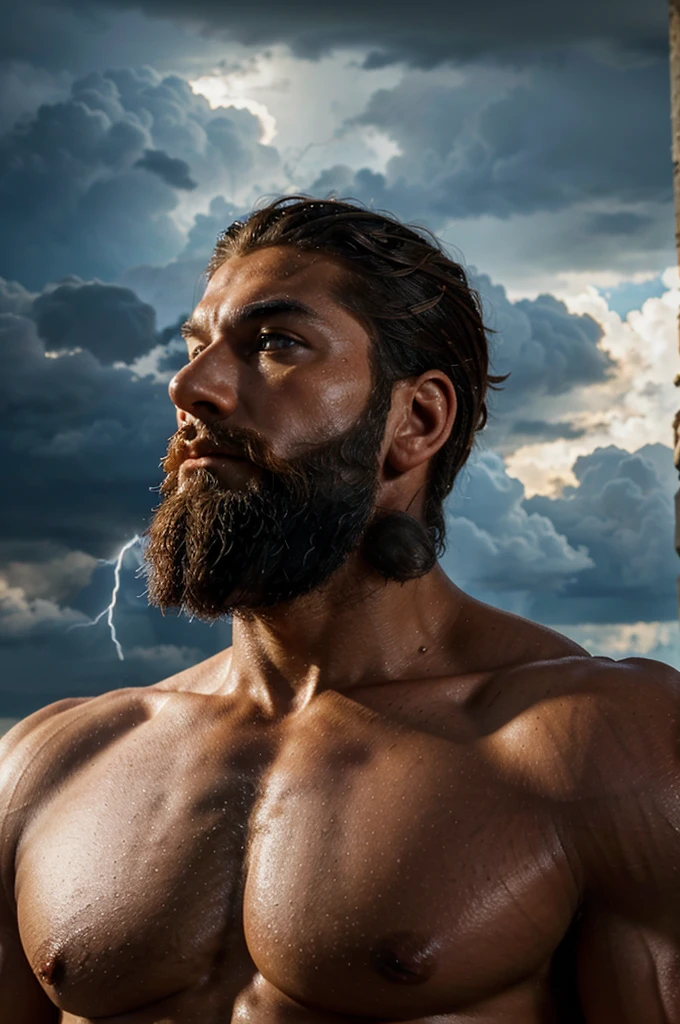 um close up de um homem, estilo zeus com sua ira, cabelo solto voando com o vento, contato visual, com barba curta, com musculos, classical realism, macho, wise, alfa, Dark background in ancient greece, com raios e tempestade