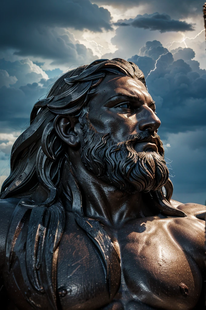 In a picture, Zeus must be in profile, with his detailed statuesque face and his large, precisely sculpted beard. The background should include elements such as clouds and lightning
