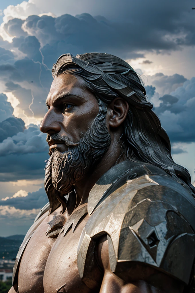 In a picture, Zeus must be in profile, with his detailed statuesque face and his large, precisely sculpted beard. The background should include elements such as clouds and lightning