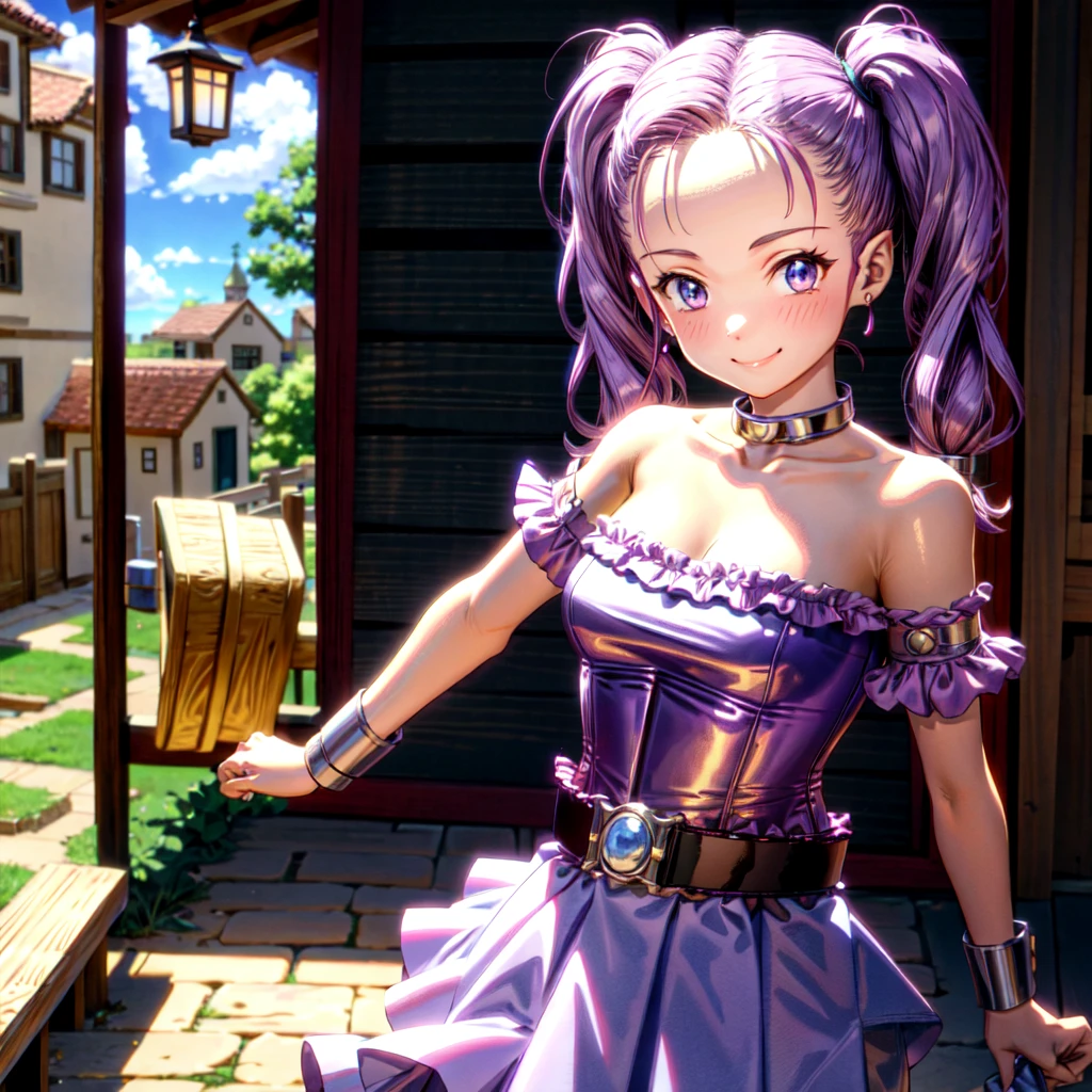 (Masterpiece, Best Quality:1.2), ((Jessica Albert [Dragon Quest], 1girl, frilly red skirt, corset, purple shirt, bare shoulders, belt with pouches, short twintails):1.4), (medium breasts:1.4), (cheerful pose:1.5), (upper body:1.7), looking at viewer, (shy smile:1.5), (fantastic village:1.5) BREAK
BREAK