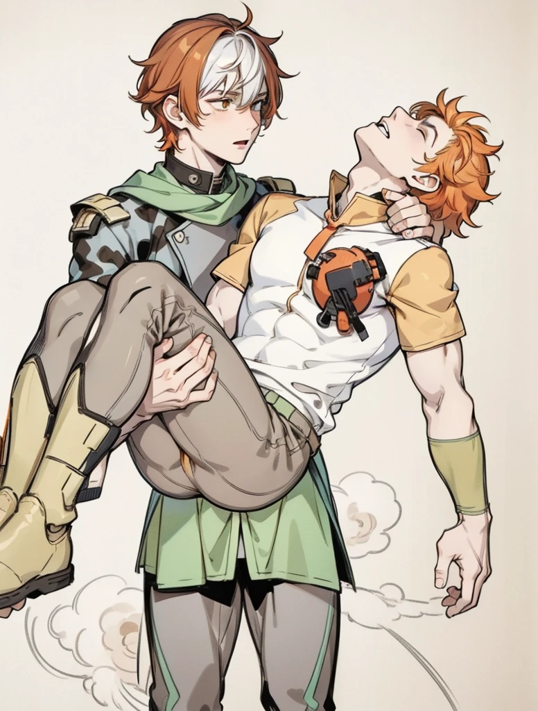 There is a 17-year-old boy with orange hair, he is dead, he is in his friend&#39;s arms, he is sad, he has green eyes, his costumes are like superheroes., He is sad, with some tears, he mourns the death of his friend.