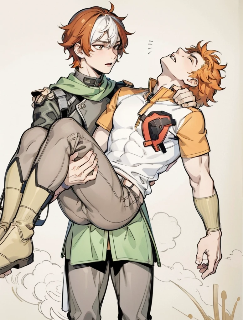 There is a 17-year-old boy with orange hair, he is dead, he is in his friend's arms, he is sad, he has green eyes, his costumes are like superheroes., He is sad, with some tears, he mourns the death of his friend.