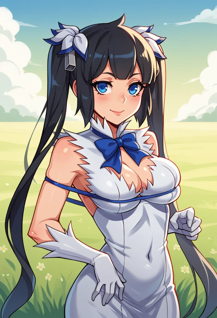 Estilo MKSKS, Masterpiece, Best Quality, long eyelashes, eyeliner, shadow, mask, showy, pink lips, deep skin, looking at the viewer, Upper part of the body, curves, Hestia (Danmachi), 1 girl, old, Alone, wide, blue Love, two tails, gloves, Love, dress, Rei no himo, large old, Blue eyes, black fur, white gloves, neckline, white dress, looking at the viewer, light smile, Closed mouth, hair Love, bow, sleeveless, sleeveless dress, hits, blush, neckline cutout, hair ornament, bowtie, clothing trimming, very wide, Covered navel, arm Love, shiny skin, outdoor, grassy fields, blue sky, cloudy sky, tight, taut dress, Enfoque en los old, Upper part of the body,