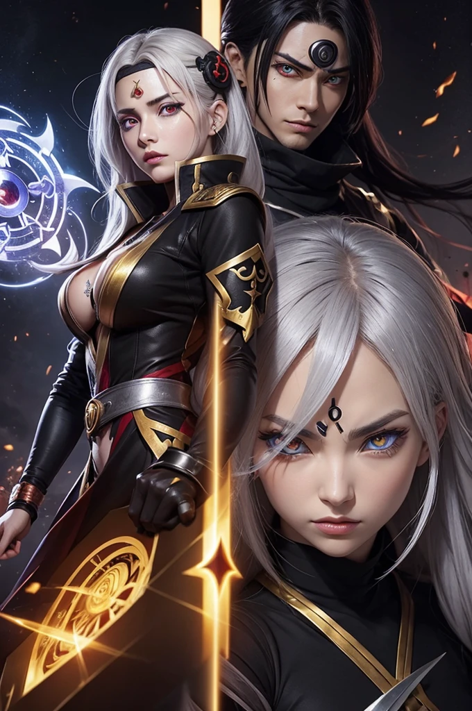 The finest image, portrait, Detailed and detailed depiction, Female warrior wearing long black leather coat, Sexy, beautiful, Lovely, Abdominal muscles, slim, sentimental expression, obscene expression, Light silver gloss braided bangs short hair, light blue sparkling big eyes, Double eyelids, Background Northern Renaissance style, galaxy, Midnight City, ruins, piles of rubble, Puddle, Rainbow and golden neon multiple lines, Rainbow, Magic Circle, fantasy, Professional lighting