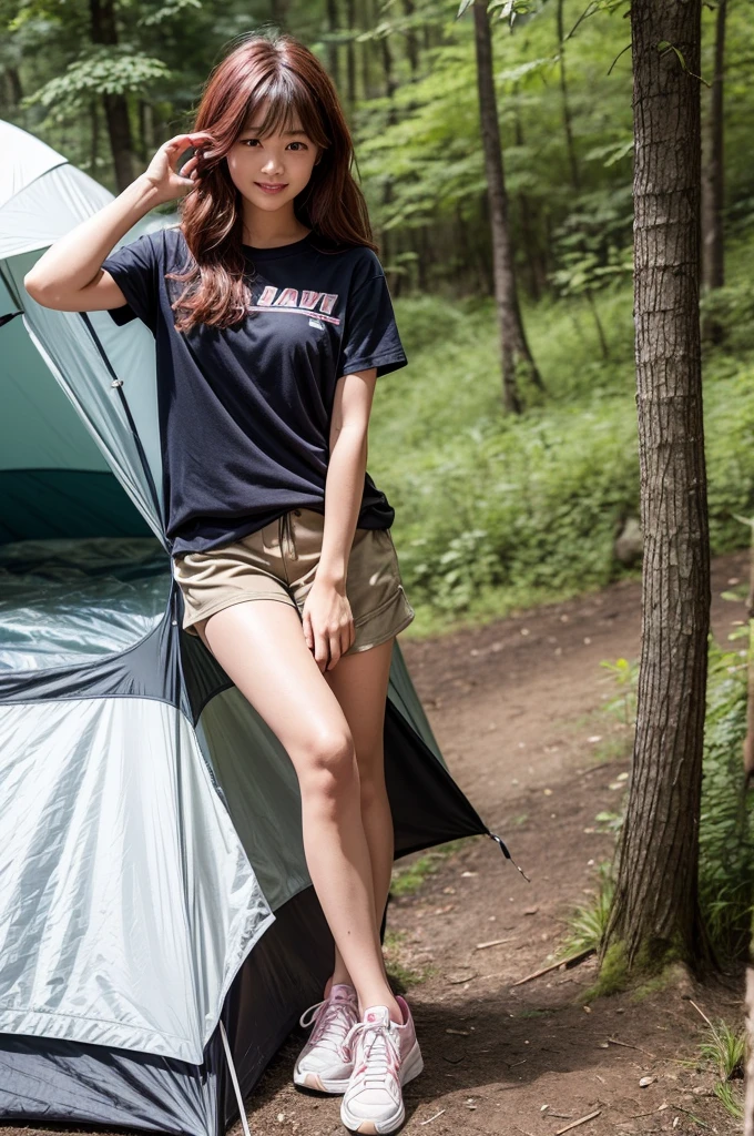 Wild camping,1 beautiful woman,standing,Hands behind your head,Full body female love,beautiful face,Highly detailed facial details,Realistic skin texture,long hair,long legs,Complex shirts,tight shorts,start from below,美丽的long legs,