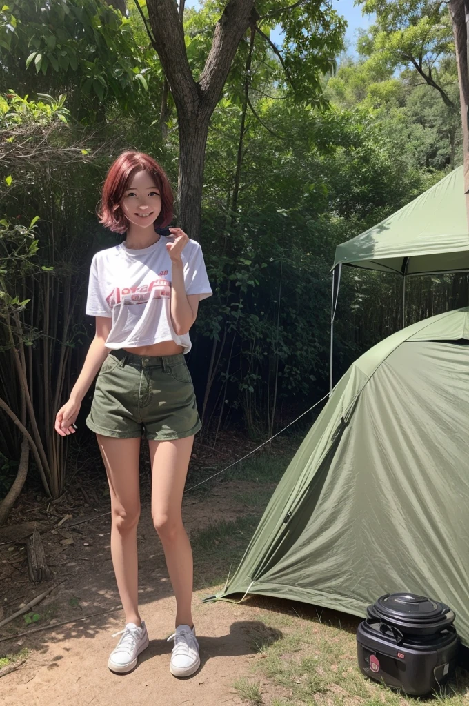 すっぴん、Camping tent, junior high school third grade, ((full body)), ((photo)), ((best qualtiy, 8K, tmasterpiece:1.3)), Focus:1.2, perfect figure beautiful :1.4, 1, cowboy shot, look at viewer, eyes facing the camera, incredibly absurd, beautiful and cute with a photorealistic face, showcasing top-quality craftsmanship, A Japanese girl gazing at the campfire at a campsite, 15 yert hair, wavy and shiny, crimson hair, big eyes, long eyelashes, smiling face, white teeth, round face, small nose, smooth skin, fair skin, red lips, pink cheeks, lively expression, , delicate, well-balanced proportions, slim, 155cm tall, thin limbs, small A-cup breasts, khaki T-camouflage shorts, sneakers, beautiful girl, younger sister attributes, active, sociable, cheerful, optimistic, brave, curious, August