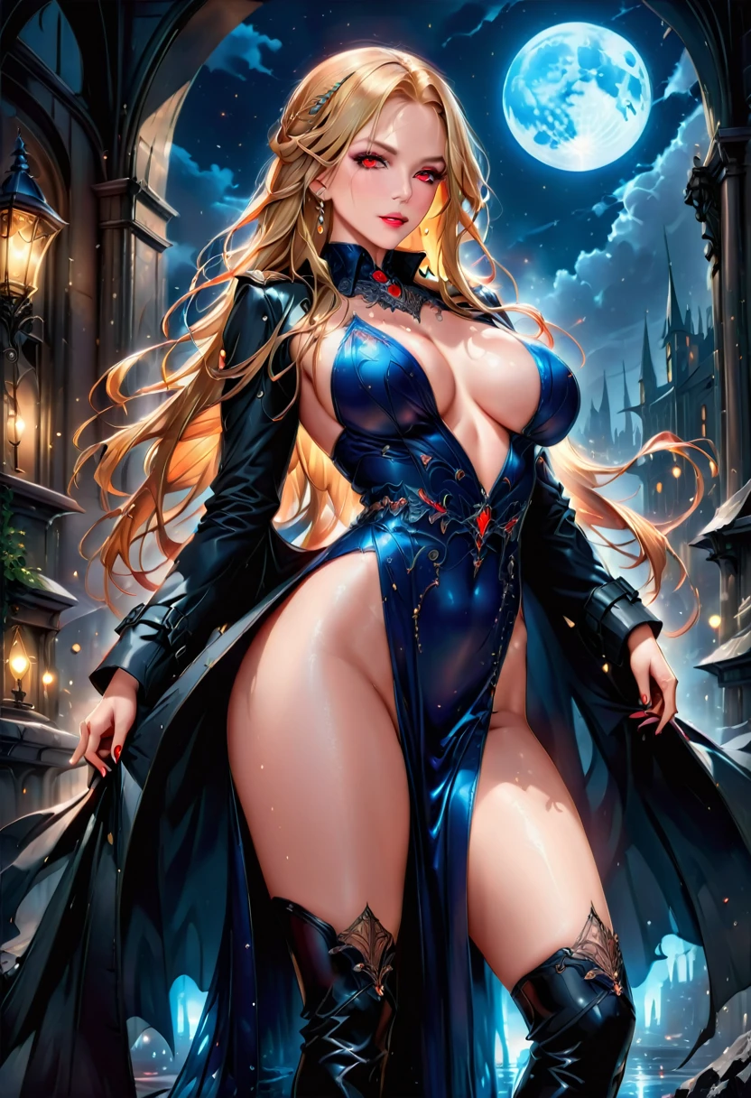 fantasy art, modern and gothic art, (masterpiece:1.5), full body best details, highly detailed, best quality,  highres, full body portrait of a female vampire (Masterpiece, best quality: 1.6), ultra feminine, with a long curvy hair, blond hair, (red:1.3) eyes, ((beautiful delicate face)), Ultra Detailed Face (wearing elegant glamour open black trench coat: 1.5) , (flowing black trench coat: 1.5), wearing an intricate (blue suit: 1.2)  (intricate details, Masterpiece, best quality: 1.3), high heeled boots, urban background (intense details, beat details), fantasy, at night light, natural ,moon light, clouds, gothic atmosphere, soft light, ((anatomically correct)), high details, best quality, 16k, [ultra detailed], masterpiece, best quality, (extremely detailed), dynamic angle, drkfntasy, evening dress