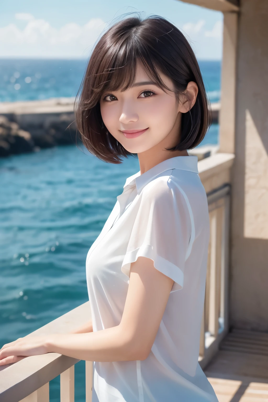 girl, White skin, Short dark brown tiered hair, V cut with layers and bangs, Brown eyes, Soft atmosphere characteristics (Highest quality, Ultra-high resolution, 8K, RAW Photos, Ultra-high resolution: 1.2, masterpiece: 1.2), (Realistic, Realistic: 1.37), Super detailed, Professional Lighting, Photon Mapping, Radio City, Physically Based Rendering, Japanese, One Girl, alone, Black Hair, cute, Nice, Adorable, A light smile, Normal chest, looking at the camera, Upper Body, Beautiful and detailed blue sky,Wearing a short-sleeved white shirt,
- Sky and ocean view in the background
