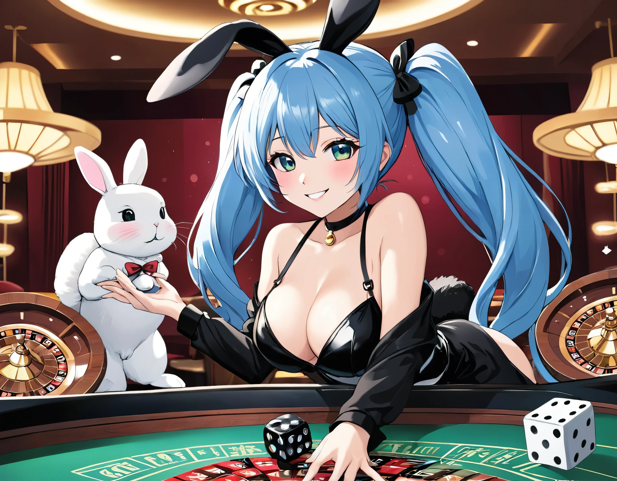 casino、Roulette Dealer、Light blue long hair、Beautiful girl with twin tails、Bunny Girl Costume、Bright smile、Throwing the dice on roulette