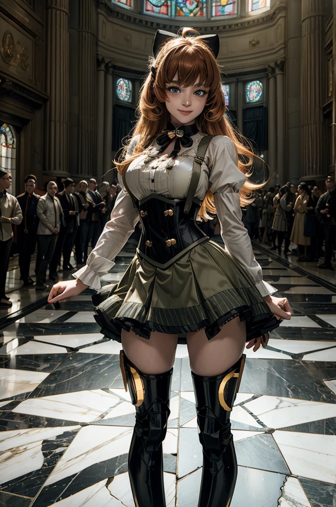 cowboy shot, dynamic pose, smile, underbust, Penny Polendina, long hair, neck ribbon, suspender skirt, corset, black bow, white blouse, mechanical legs, neon trim, standing inside palace, marble floor, marble pillars, tall stained glass windows, BREAK gala, large crowd, (((crowd in military dress))), (volumetric lighting), intricate details, tonemapping, sharp focus, hyper detailed,
