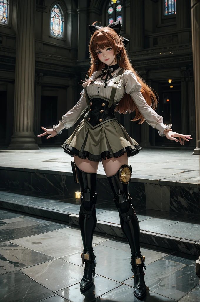 cowboy shot, dynamic pose, smile,  underbust, Penny Polendina, long hair, neck ribbon, suspender skirt, corset, black bow, white blouse, mechanical legs, neon trim, standing inside palace, marble floor, marble pillars, tall stained glass windows, BREAK gala, large crowd, (((crowd in military dress))), (volumetric lighting), intricate details, tonemapping, sharp focus, hyper detailed, 

