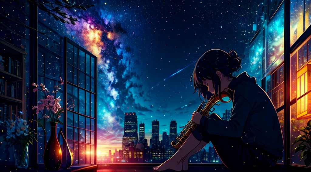 masterpiece, 1girl, solo, room full of scattered books, sitting at window, barefoot, playing saxophone, night at window, distant city lights, starry sky, nebula, close side shot, 8k, detailed, best quality,
