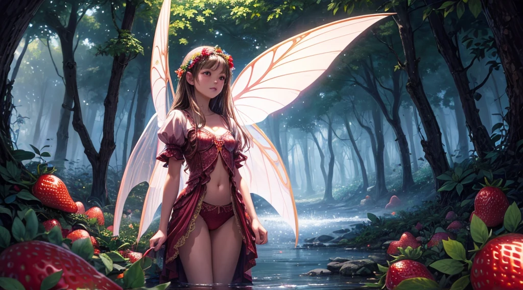 ( Absurd, High quality, ultra-detailed, masterpiece, concept art, smooth, highly detailed artwork, hyper-realistic painting ) , tiny , strawberry girl, Strawberries, cute, whole body, Romantic, Vivid, dreamy, fantasy, fairy wings, in the forest, enchanting glow, very detailed art, reveal clothes, sexy lace underwear