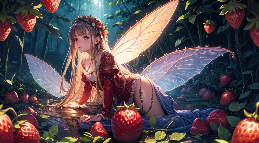 ( Absurd, High quality, ultra-detailed, masterpiece, concept art, smooth, highly detailed artwork, hyper-realistic painting ) , tiny , strawberry girl, Strawberries, cute, whole body, Romantic, Vivid, dreamy, fantasy, fairy wings, in the forest, enchanting glow, very detailed art, reveal clothes, sexy lace underwear