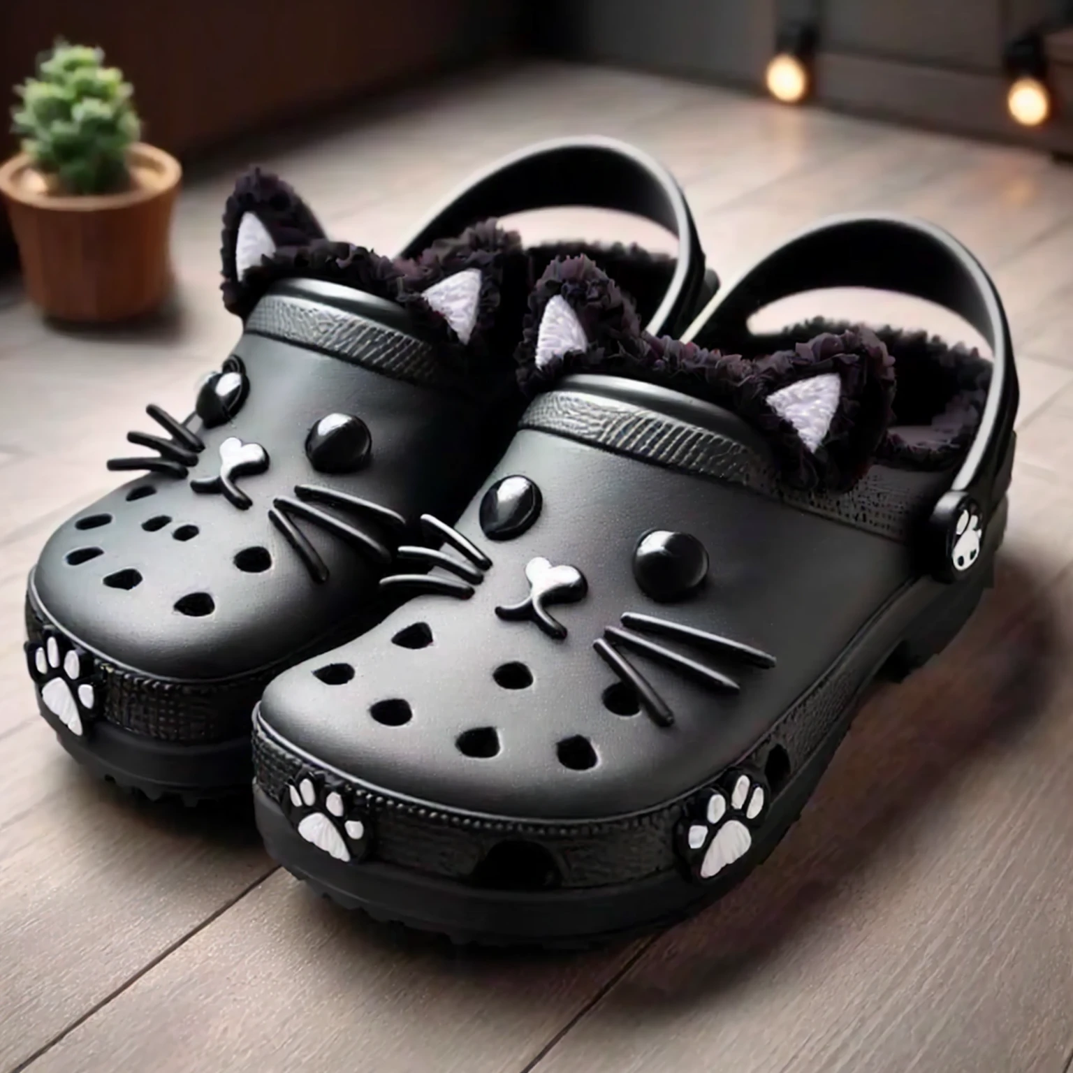 there is a pair of black shoes with cat ears on them, cat design, clogs, !!!! cat!!!!, slippers, designed for cozy aesthetics!, cute, 2 0 2 0 fashion, meow, catss, !!! cat!!!, cats, kawaii cat, caaats, catscatscats, black cats, duck shoes, robot cat paws for feet