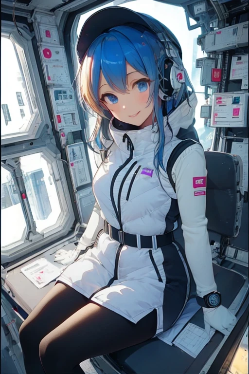masterpiece, highest quality, high resolution, , 20yo,1 girl,(solo):2,,blonde hair,(inside space station):2,flying:2,floatong:2,zero gravity,wind:1.5,anime lovelive style,
BREAK
headphone,(futurstic tight-fit bodysuit):2,(shiny silver long downvest):100,(northface silver metallic puffy dest):2,(puffy):2,(b sleeves):5,(black tights):2,(black belt),futuristic boots and gloves,(smartwatch):100,astrovest
BREAK
1 girls, sitting in spacecraft cabin with 4-point seat belt, securely fastened, space station interior, looking out of large windows at Earth below, beautiful eyes, she have aluminum foil pouch,(aluminum foil pouch with plastic viewing window):2, contains nutritious liquid or puree together, smiling and chatting, bright and cheerful expressions, high quality cinematic lighting, detailed textures, sharp focus,blue hair,blue eyes,
