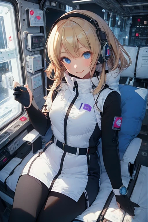 masterpiece, highest quality, high resolution, breasts, 20yo,1 girl,(solo):2,,blonde hair,(inside space station):2,flying:2,floatong:2,zero gravity,wind:1.5,anime lovelive style,

BREAK
headphone,(futurstic tight-fit bodysuit):2,(shiny silver long downvest):100,(northface silver metallic puffy downvest):2,(puffy):2,(black sleeves):5,(black tights):2,(black belt),futuristic boots and gloves,(smartwatch):100,astrovest
BREAK
1 girls, sitting in spacecraft cabin with 4-point seat belt, securely fastened, space station interior, looking out of large windows at Earth below, beautiful eyes, she have aluminum foil pouch,(aluminum foil pouch with plastic viewing window):2, contains nutritious liquid or puree together, smiling and chatting, bright and cheerful expressions, high quality cinematic lighting, detailed textures, sharp focus,blue hair,blue eyes,

