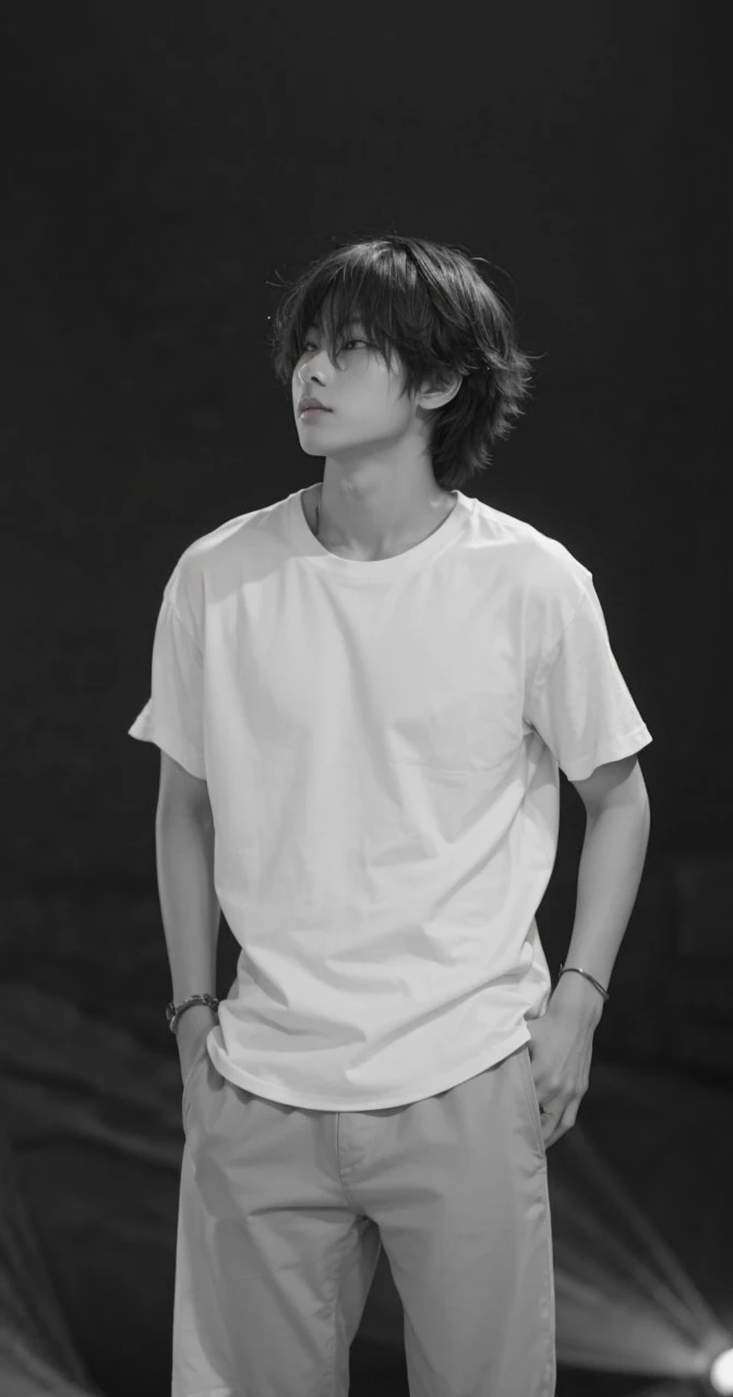 Asian boy in a dark room without a shirt