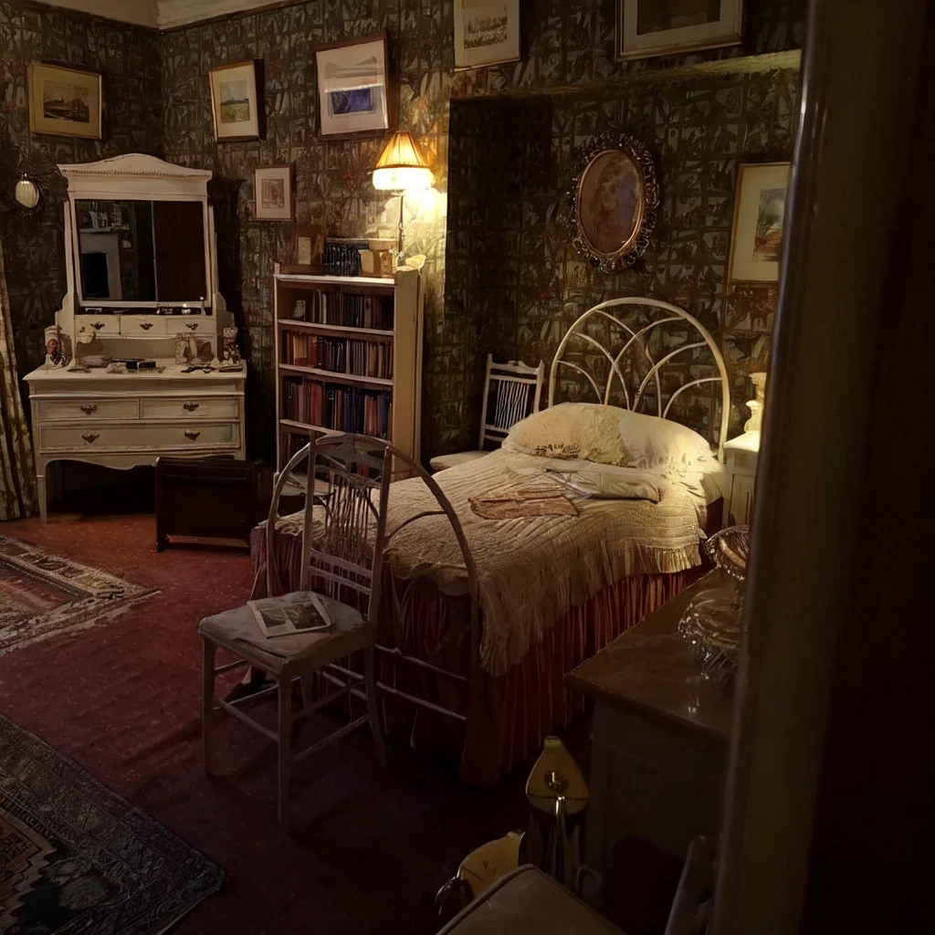a cozy bedroom with warm soft lighting, nostalgic 90s room interior, wooden dresser on the left, wooden tableware set on a nightstand, dreamy and nostalgic atmosphere, high quality, photorealistic, 8k, ultra-detailed, realistic lighting, warm color tones, cinematic composition