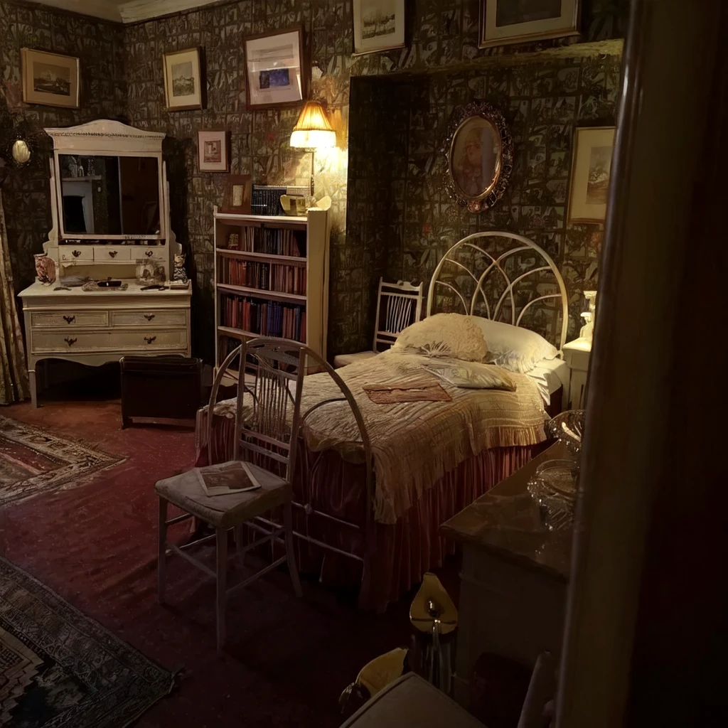 a cozy bedroom with warm soft lighting, nostalgic 90s room interior, wooden dresser on the left, wooden tableware set on a nightstand, dreamy and nostalgic atmosphere, high quality, photorealistic, 8k, ultra-detailed, realistic lighting, warm color tones, cinematic composition