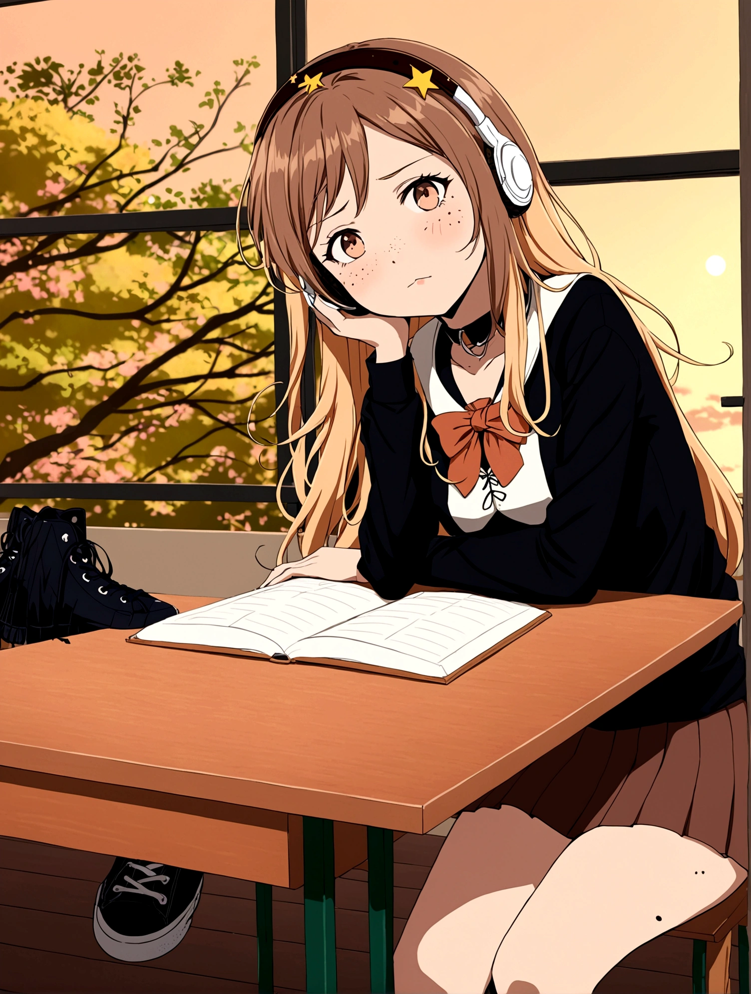 Haikyuu anime screenshot, 16 year old girl, long hair below the shoulders, wavy tips, dark brown hair, Her hair is down and she has a yellow star barrette in her hair., big, slanted eyes, light brown eyes, long and beautiful eyelashes, He has freckles on his cheeks and also a blush, sleepy and tired expression, He is wearing the karasuno , He is wearing a white formal shirt with a red bow on the collar, short black pleated skirt, long thigh high stockings, He is wearing black converse-type sneakers., He has white Bluetooth headphones on his head with star stickers., she is lying on her desk, is in an empty room, the benches around him are empty, She is falling asleep leaning on her desk., lighting of a sunset, normal angle, Complete plan.