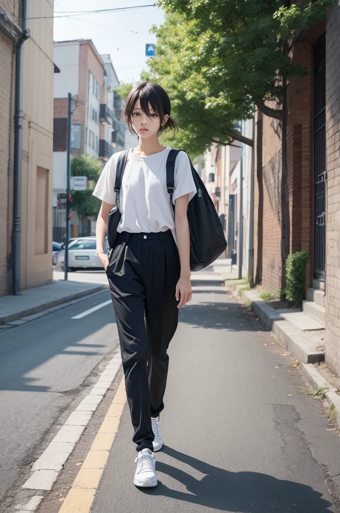 Create a drawing walking sideways with your hand in your pocket like an anime