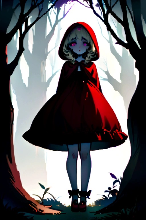 A young curly blonde, pale skin with violet eyes and red lips, dressed as Little Red Riding Hood, with a forest in the background. Innocent but detailed body and face, a full body view 