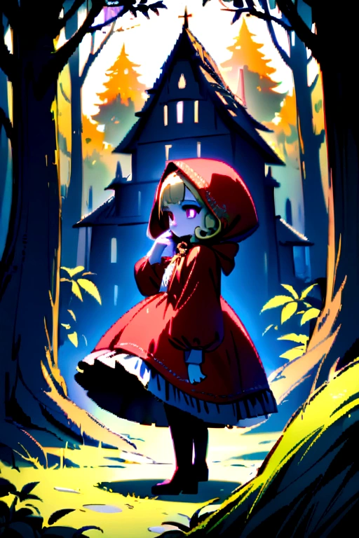 A young curly blonde, pale skin with violet eyes and red lips, dressed as Little Red Riding Hood, with a forest in the background. Innocent but detailed body and face, a full body view 