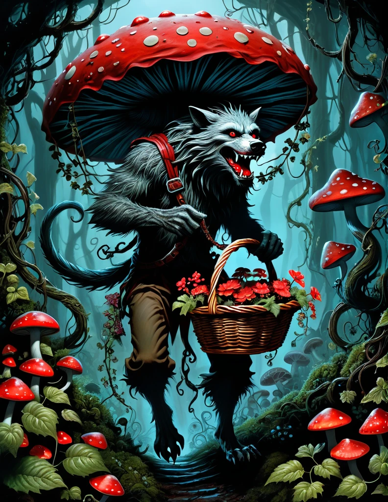 A satire and surreal picture of the red riding werewolf at an eerie gnarly otherworldly twisted, sentient vines jungle, insanely intricate details, Don Lawrence style, carrying a basket of enchanted mushrooms with bioluminescent flowers blooming on the vines, Tim Burton Style