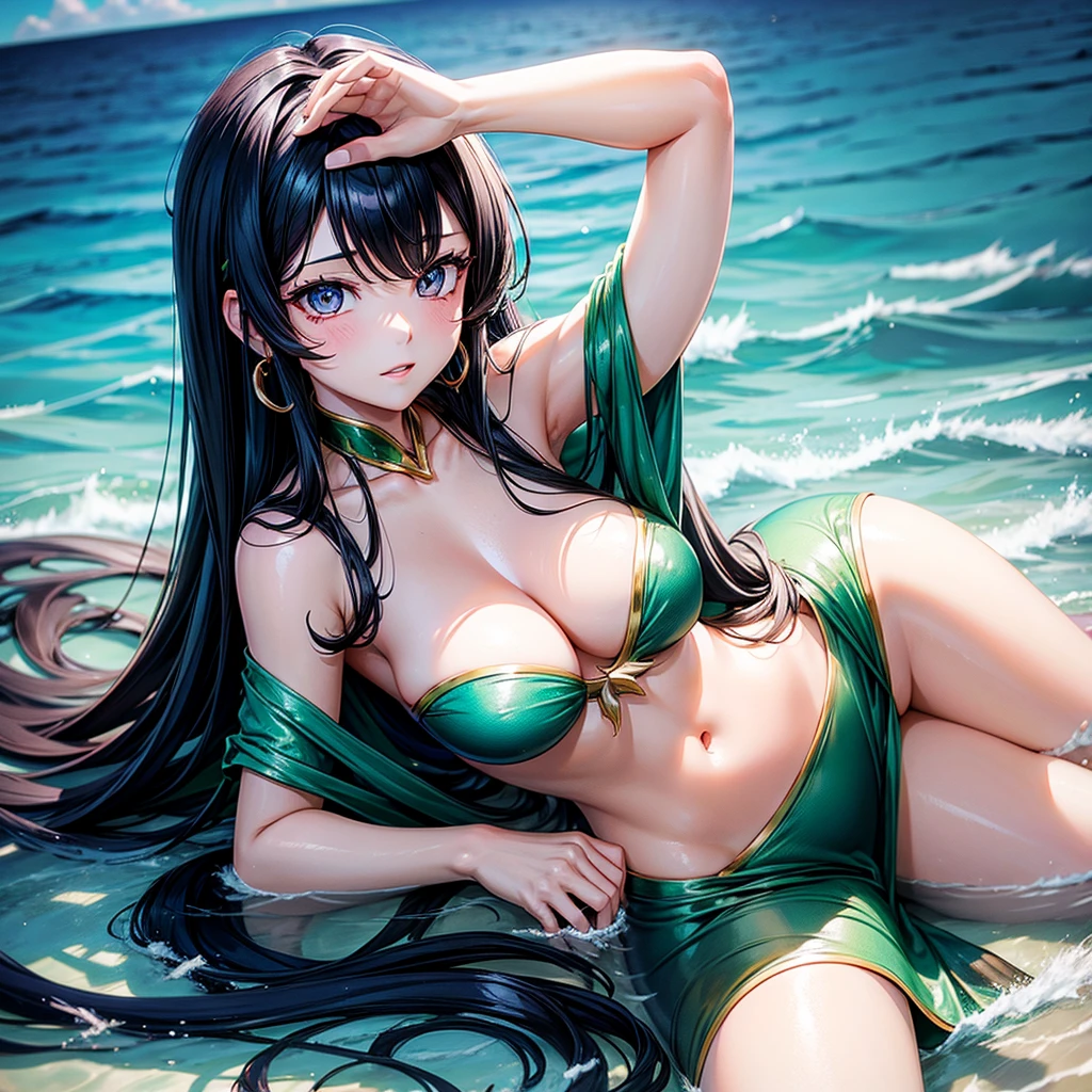 quuen of the mermaid black hair and prepel eyes