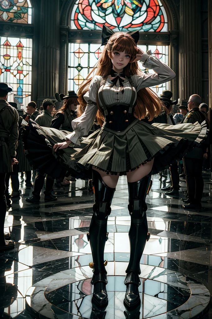 cowboy shot, dynamic pose, smile,  underbust, Penny Polendina, long hair, neck ribbon, suspender skirt, corset, black bow, white blouse, mechanical legs, neon trim, standing inside palace, marble floor, marble pillars, tall stained glass windows, BREAK gala, large crowd, (((crowd in military dress))), (volumetric lighting), intricate details, tonemapping, sharp focus, hyper detailed, 

