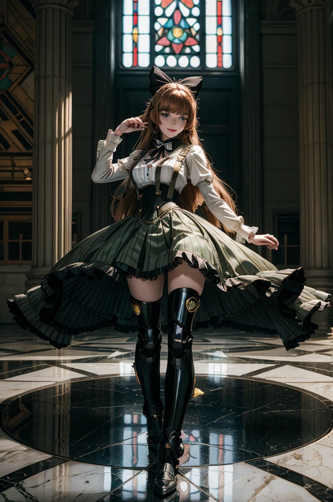 cowboy shot, dynamic pose, smile,  underbust, Penny Polendina, long hair, neck ribbon, suspender skirt, corset, black bow, white blouse, mechanical legs, neon trim, standing inside palace, marble floor, marble pillars, tall stained glass windows, BREAK gala, large crowd, (((crowd in military dress))), (volumetric lighting), intricate details, tonemapping, sharp focus, hyper detailed, 

