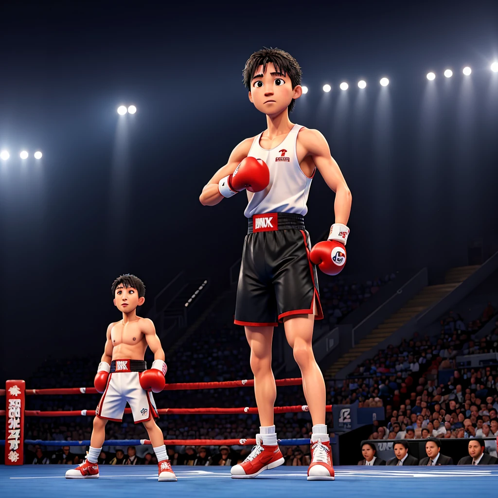 Japanese boxing players、Naoya Inoue、Wearing a boxing uniform、Standing in the center of the ring in a packed stadium。Inoue puts on his gloves and gets into fighting mode、In an enthusiastic atmosphere with the auditorium filled to capacity、focusing。The only person in the image is Naoya Inoue